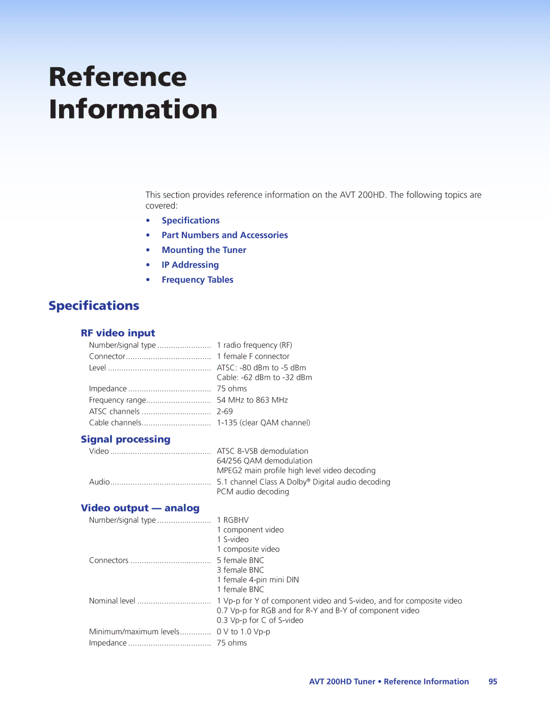 Extron electronic AVT 200HD manual Specifications, RF video input, Signal processing, Video output analog 