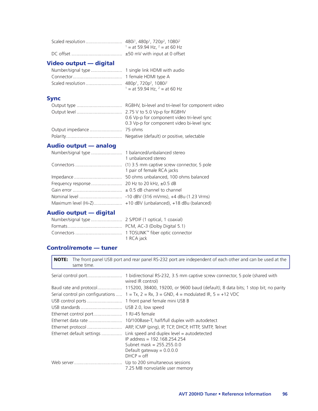 Extron electronic AVT 200HD Video output digital, Sync, Audio output analog, Audio output digital, Control/remote tuner 