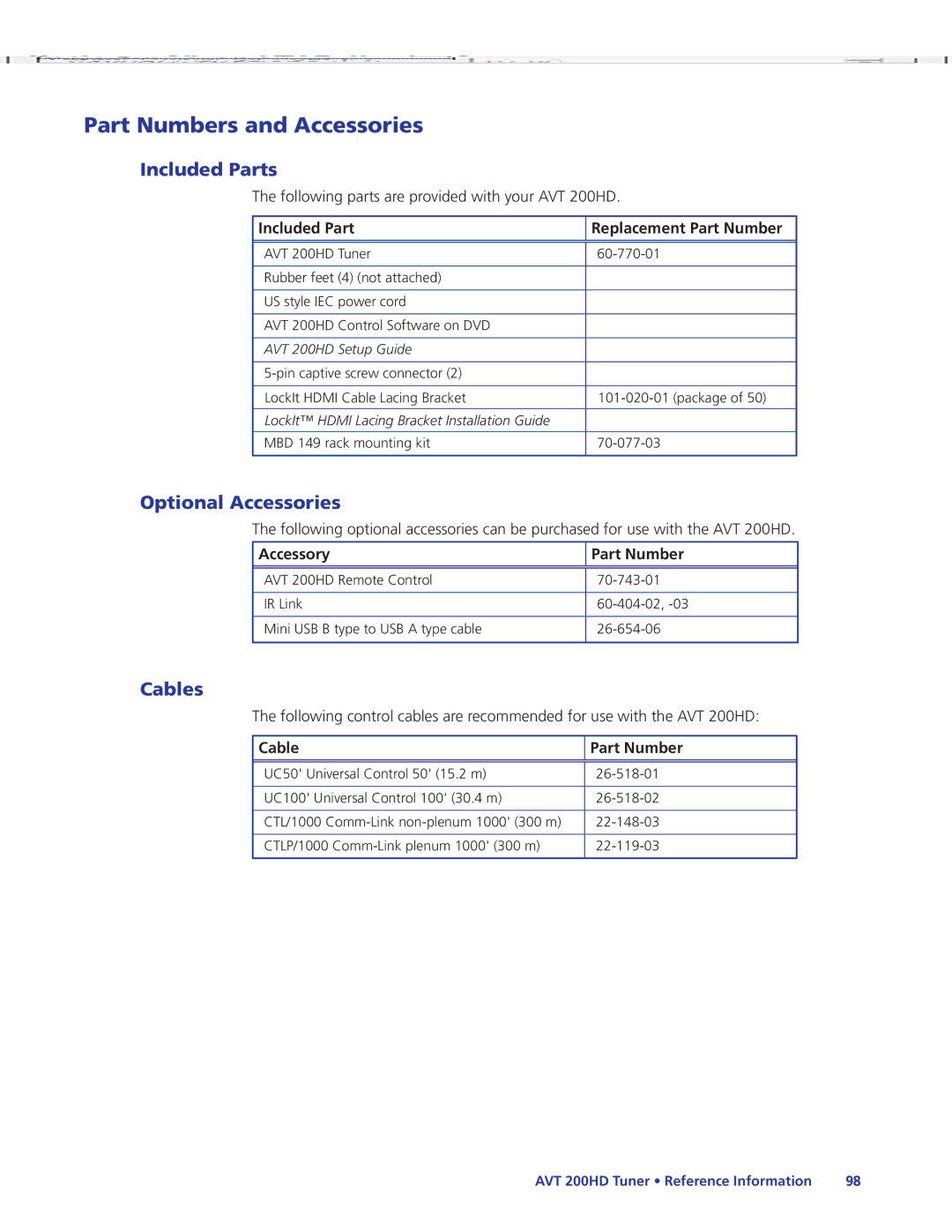 Extron electronic AVT 200HD manual Part Numbers and Accessories, Included Parts, Optional Accessories, Cables 