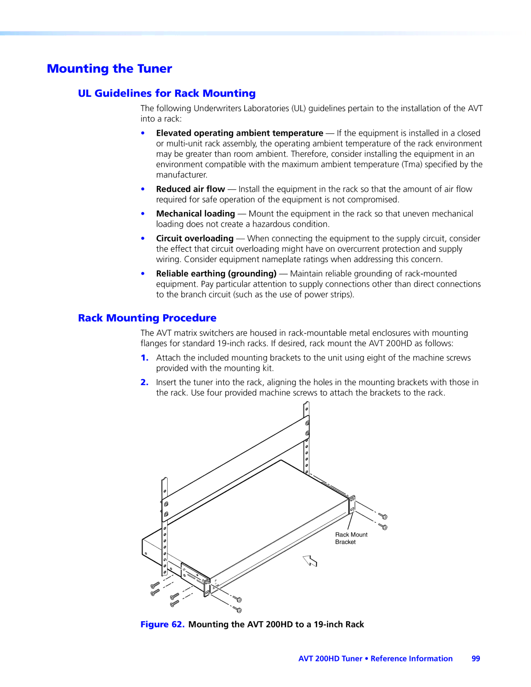 Extron electronic AVT 200HD manual Mounting the Tuner, UL Guidelines for Rack Mounting, Rack Mounting Procedure 