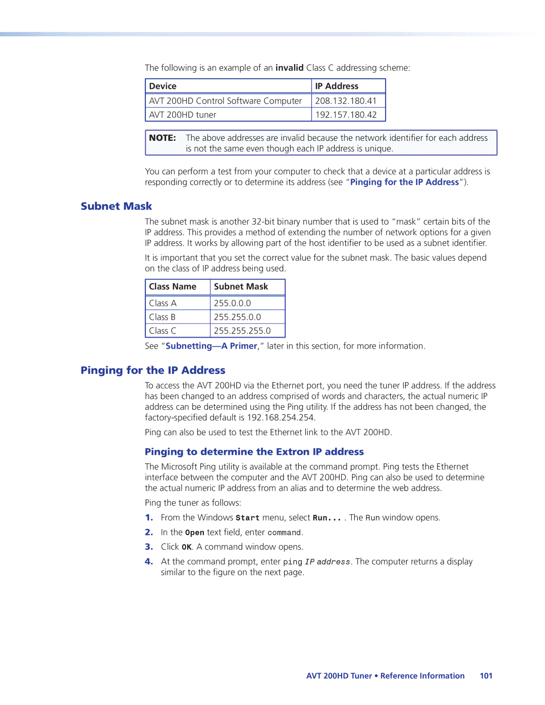 Extron electronic AVT 200HD manual Subnet Mask, Pinging for the IP Address, Pinging to determine the Extron IP address 