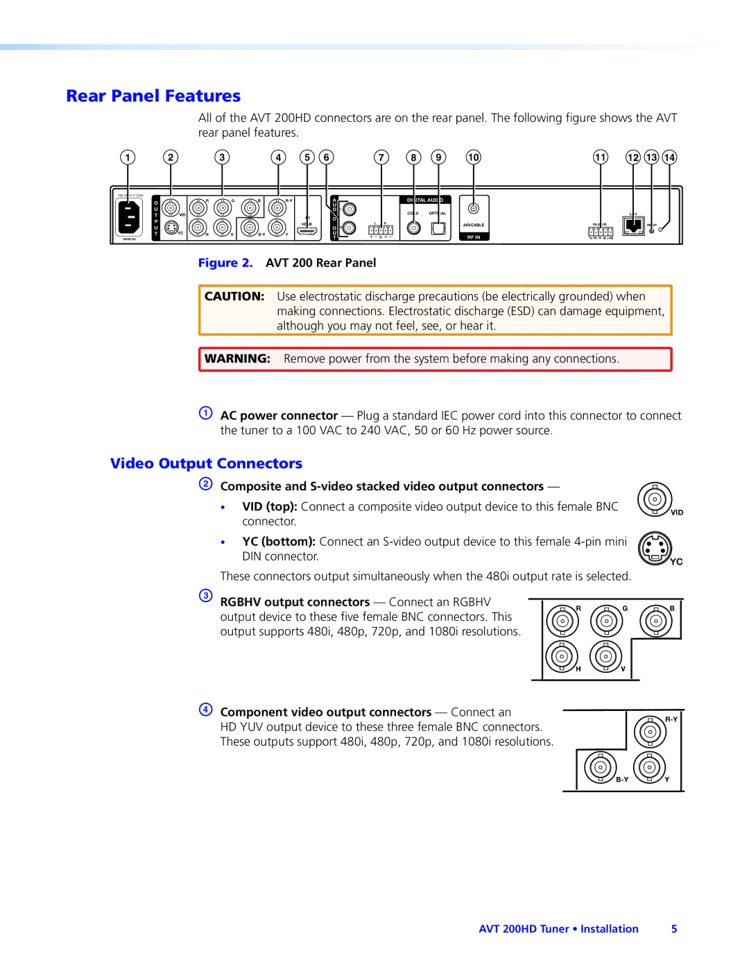 Extron electronic AVT 200HD manual Rear Panel Features, Video Output Connectors 