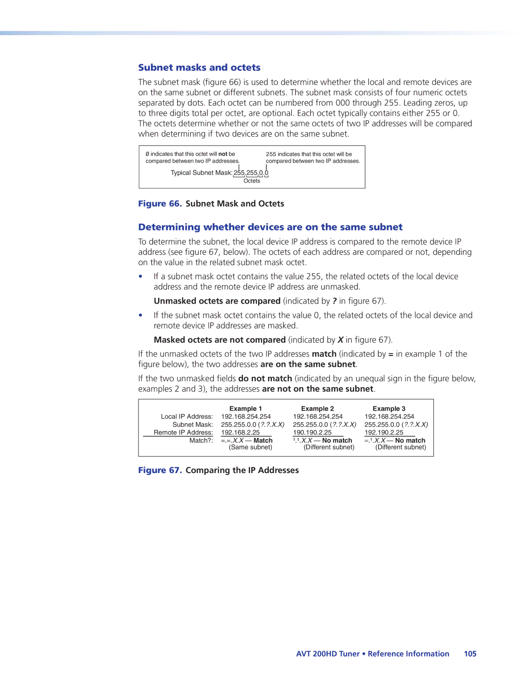 Extron electronic AVT 200HD manual Subnet masks and octets, Determining whether devices are on the same subnet 