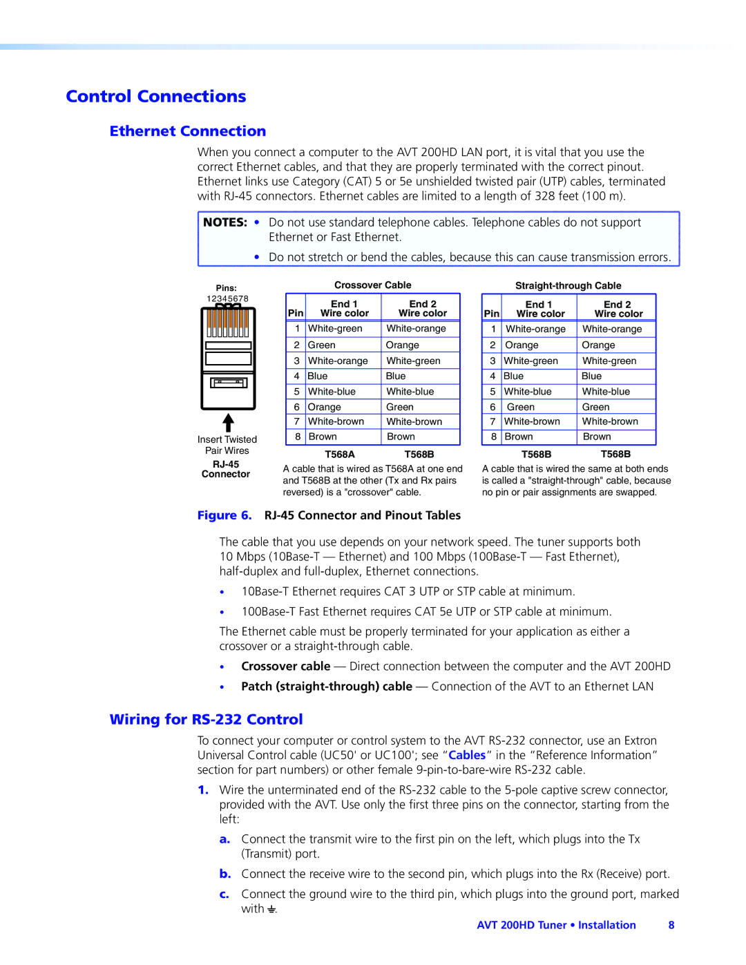 Extron electronic AVT 200HD manual Control Connections, Ethernet Connection, Wiring for RS-232 Control 