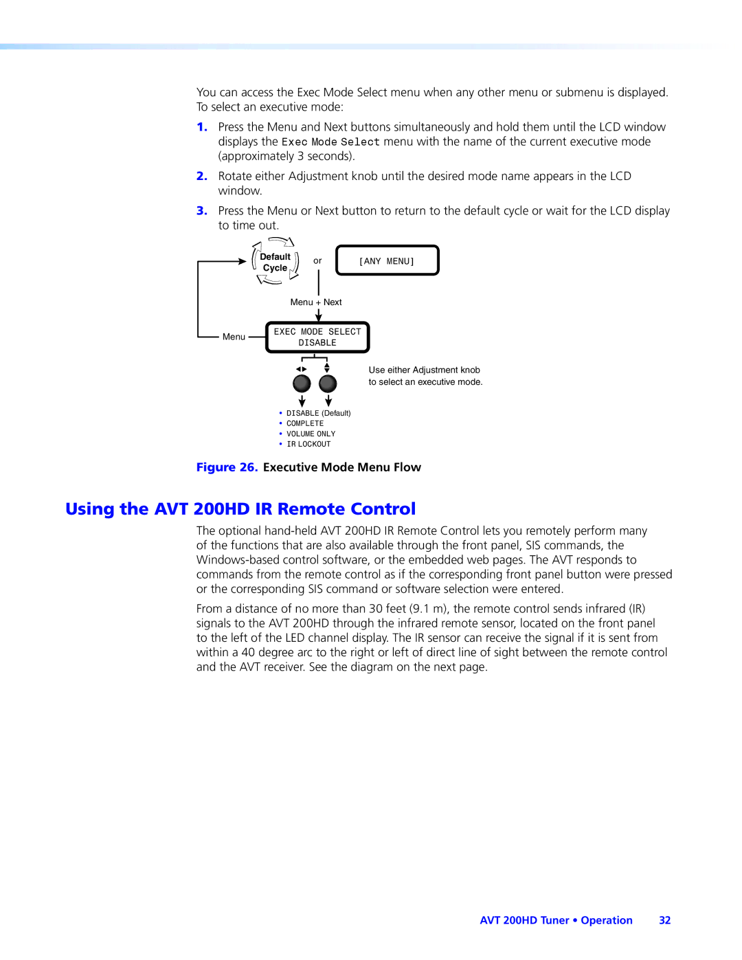 Extron electronic manual Using the AVT 200HD IR Remote Control, Executive Mode Menu Flow 