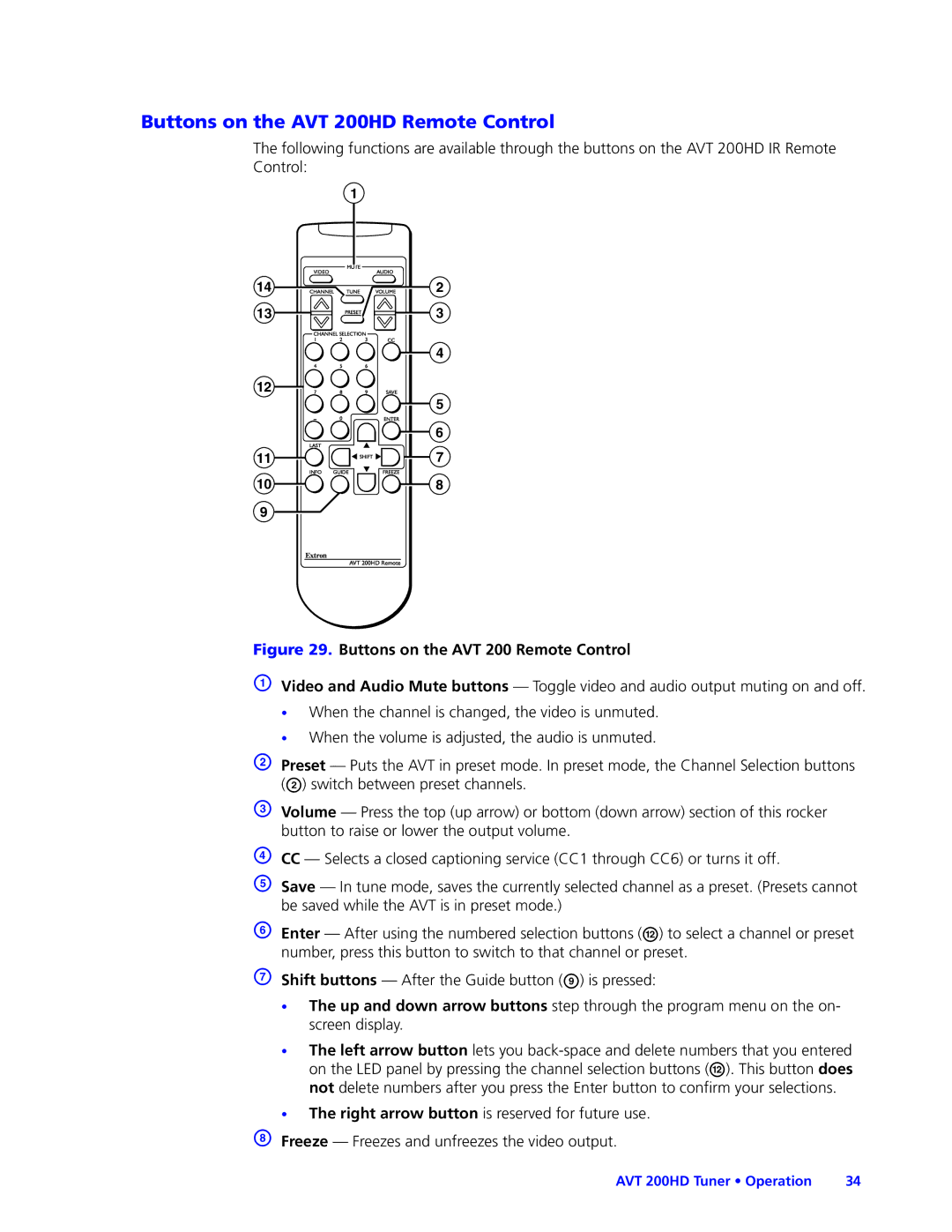 Extron electronic manual Buttons on the AVT 200HD Remote Control, Buttons on the AVT 200 Remote Control 