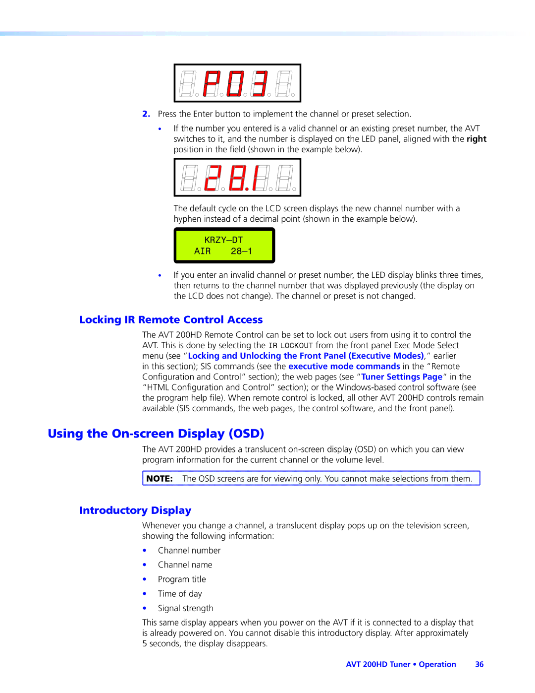 Extron electronic AVT 200HD manual Using the On-screen Display OSD, Locking IR Remote Control Access, Introductory Display 