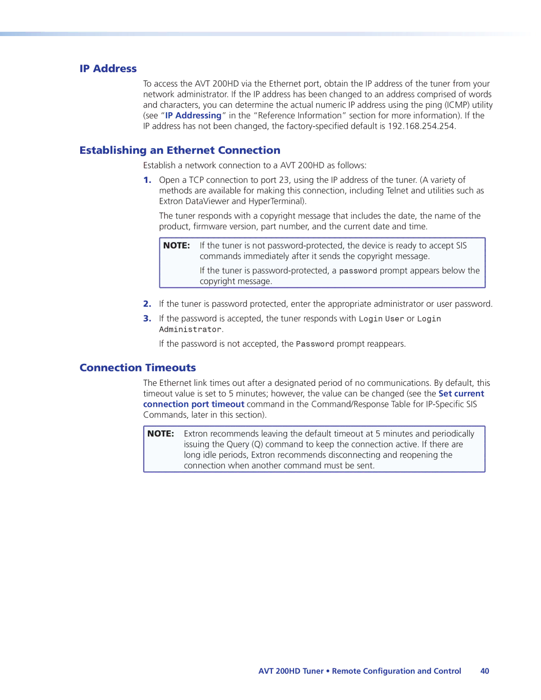 Extron electronic AVT 200HD manual IP Address, Establishing an Ethernet Connection, Connection Timeouts 