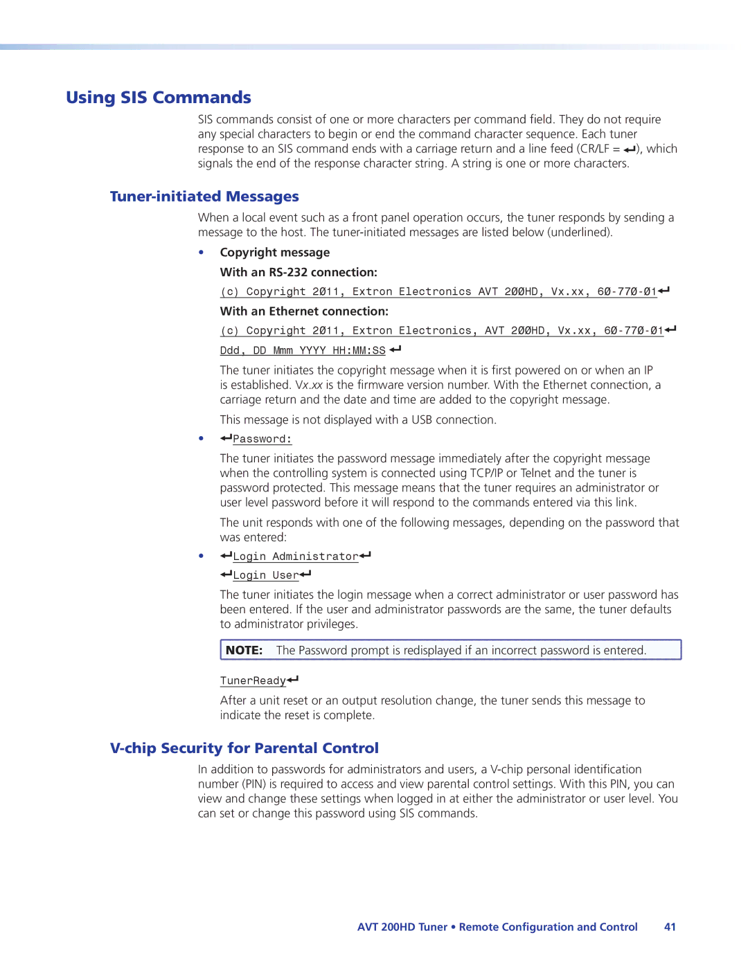 Extron electronic AVT 200HD manual Using SIS Commands, Tuner-initiated Messages, Chip Security for Parental Control 