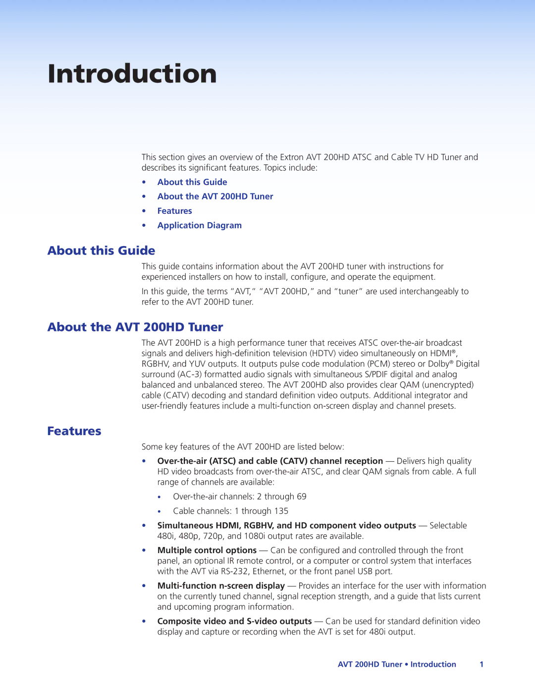 Extron electronic manual About this Guide, About the AVT 200HD Tuner, Features 