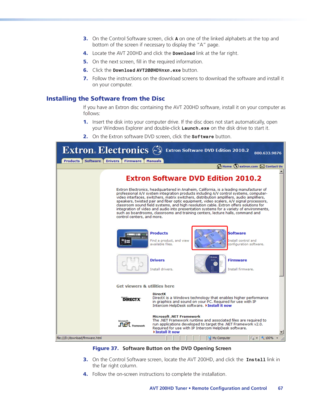 Extron electronic AVT 200HD manual Installing the Software from the Disc, Software Button on the DVD Opening Screen 