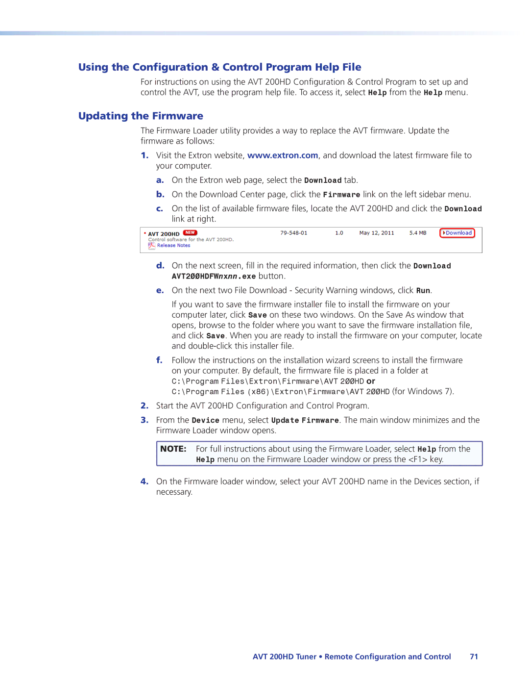 Extron electronic AVT 200HD manual Using the Configuration & Control Program Help File, Updating the Firmware 
