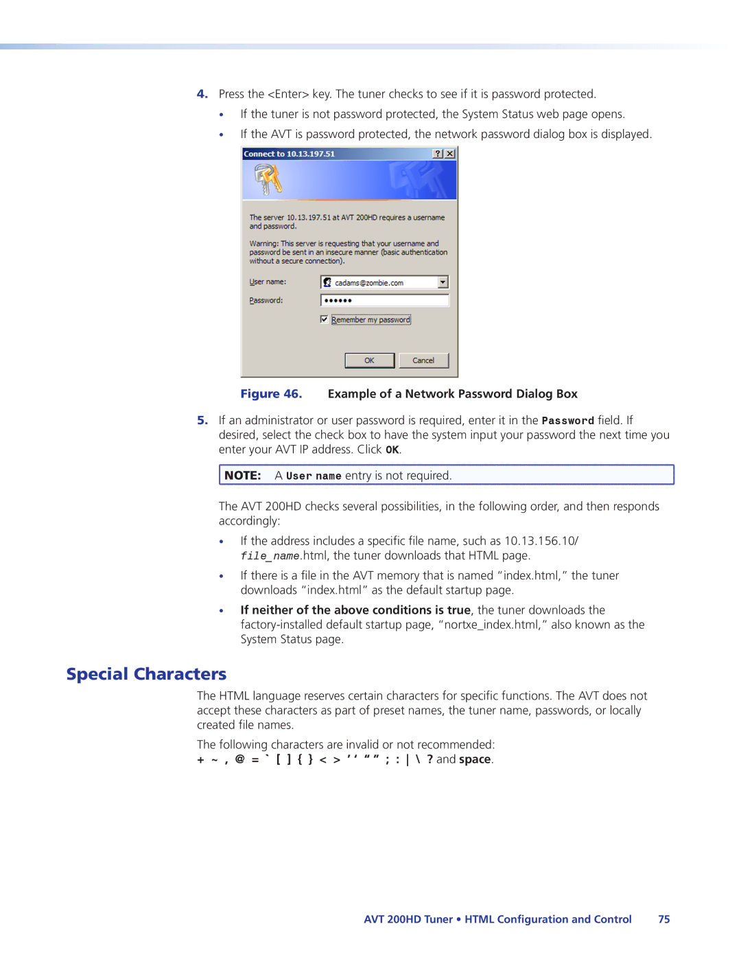 Extron electronic AVT 200HD manual Special Characters, Example of a Network Password Dialog Box 