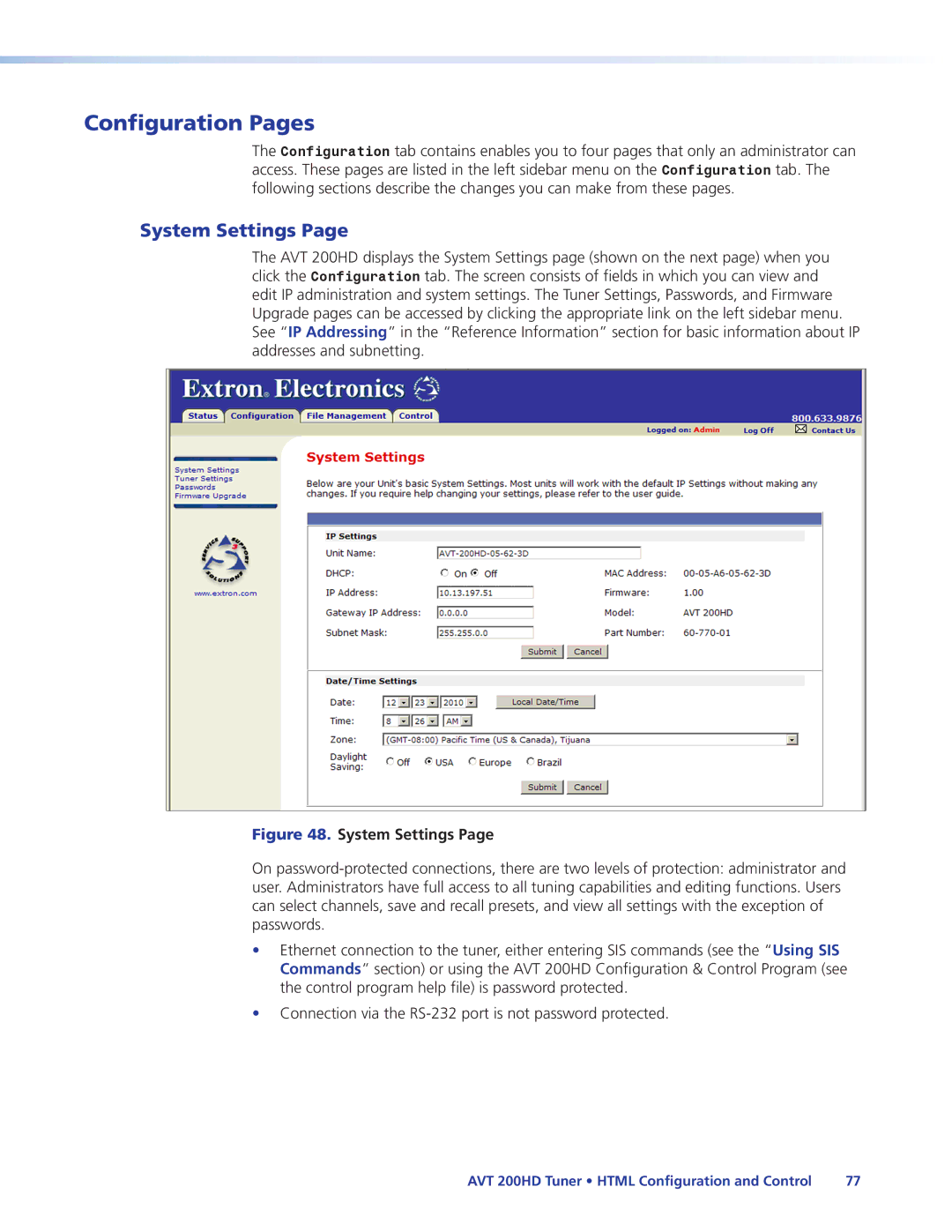 Extron electronic AVT 200HD manual Configuration Pages, System Settings 