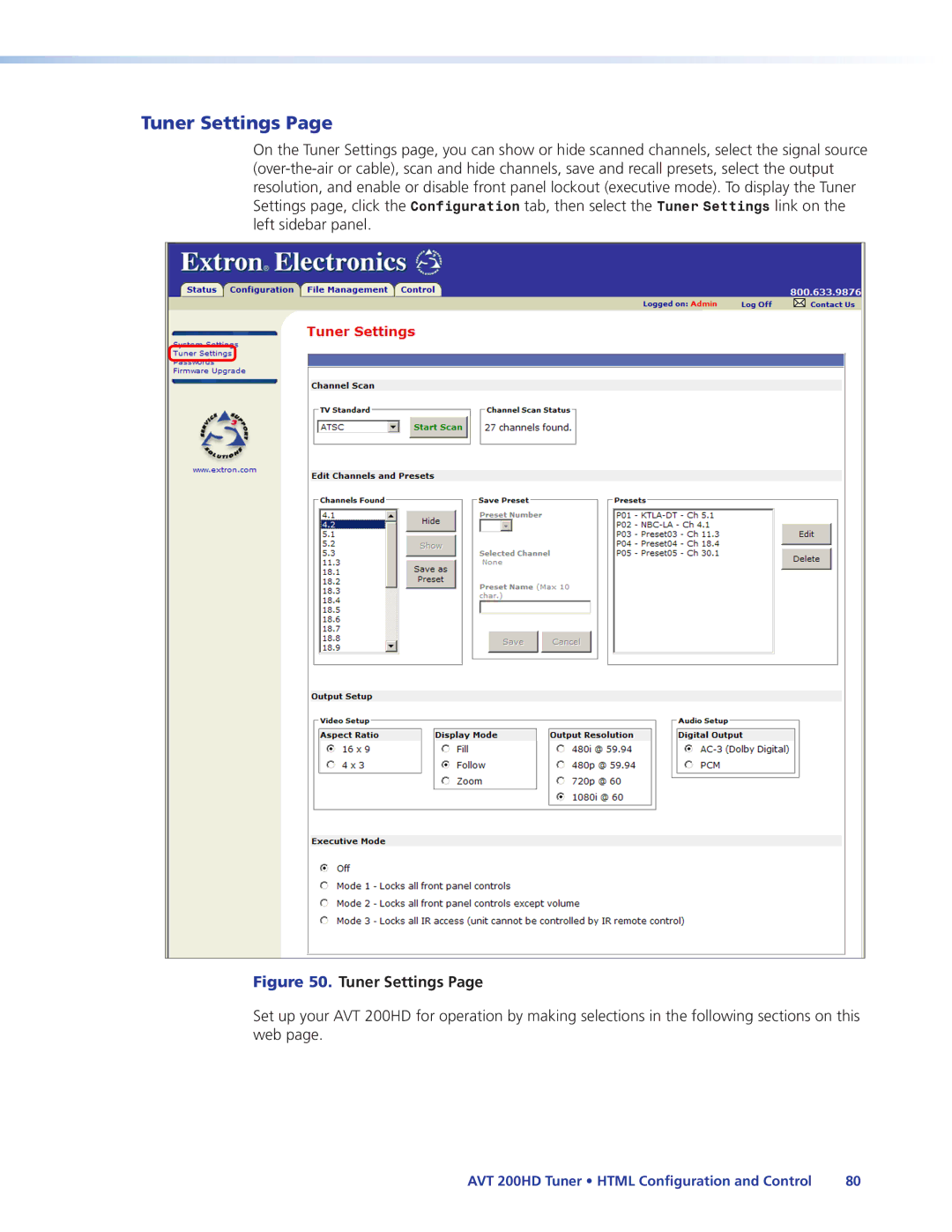 Extron electronic AVT 200HD manual Tuner Settings 