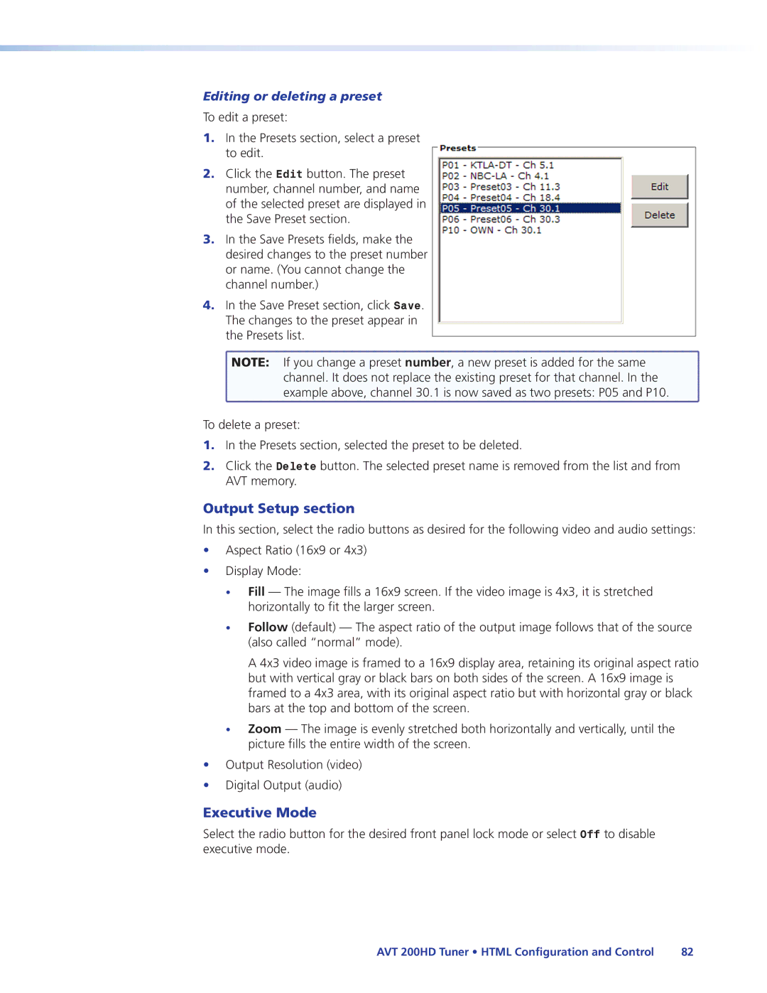 Extron electronic AVT 200HD manual Output Setup section, Executive Mode 