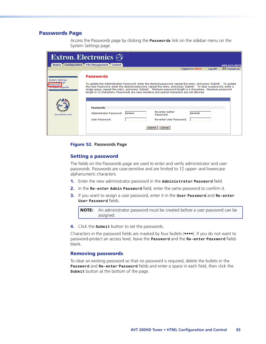 Extron electronic AVT 200HD manual Passwords, Setting a password, Removing passwords 