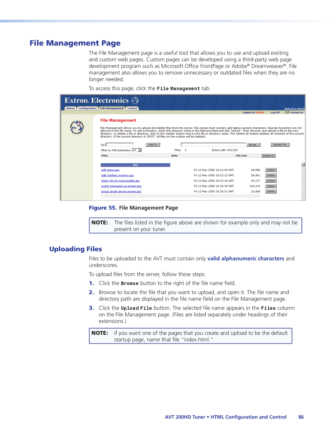 Extron electronic AVT 200HD manual File Management, Uploading Files 