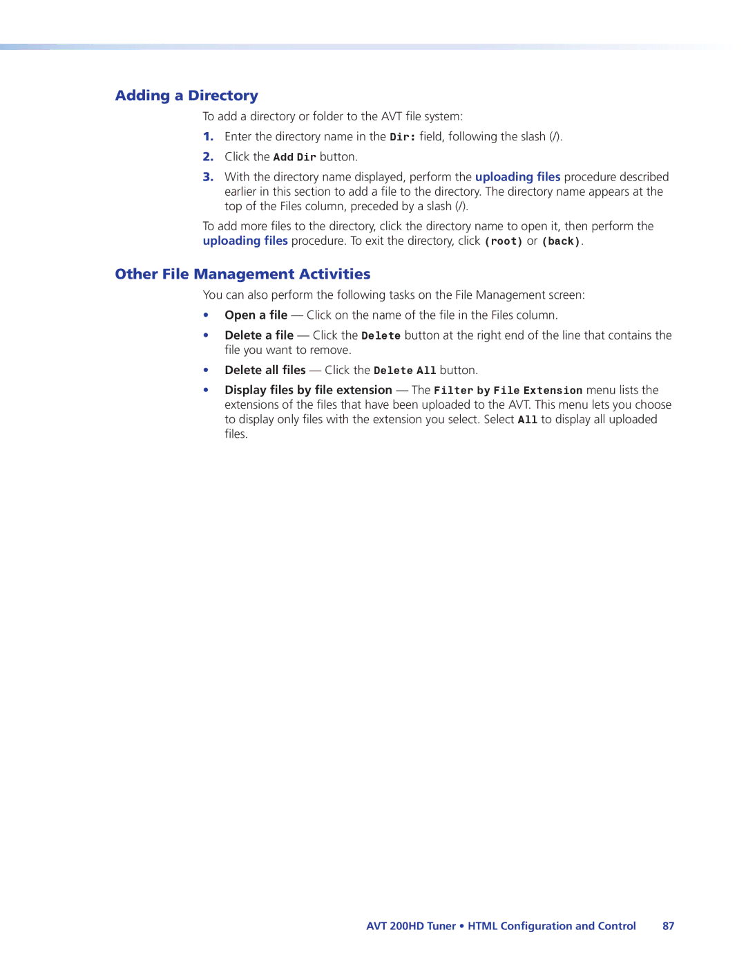 Extron electronic AVT 200HD manual Adding a Directory, Other File Management Activities 