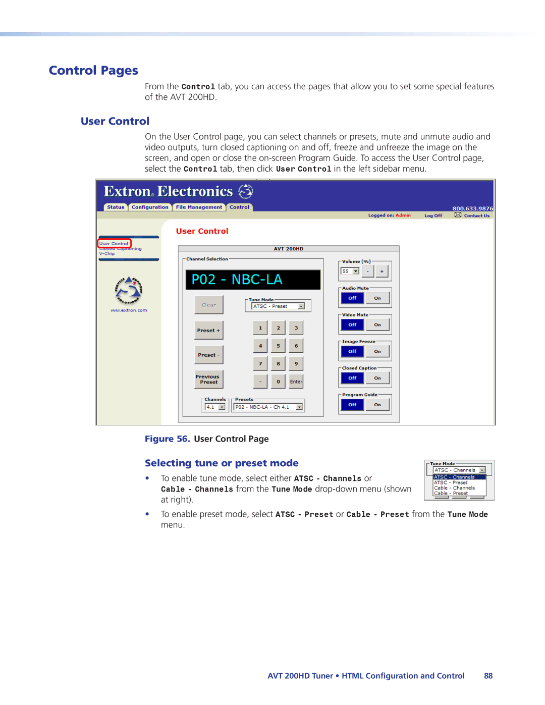 Extron electronic AVT 200HD manual Control Pages, User Control 