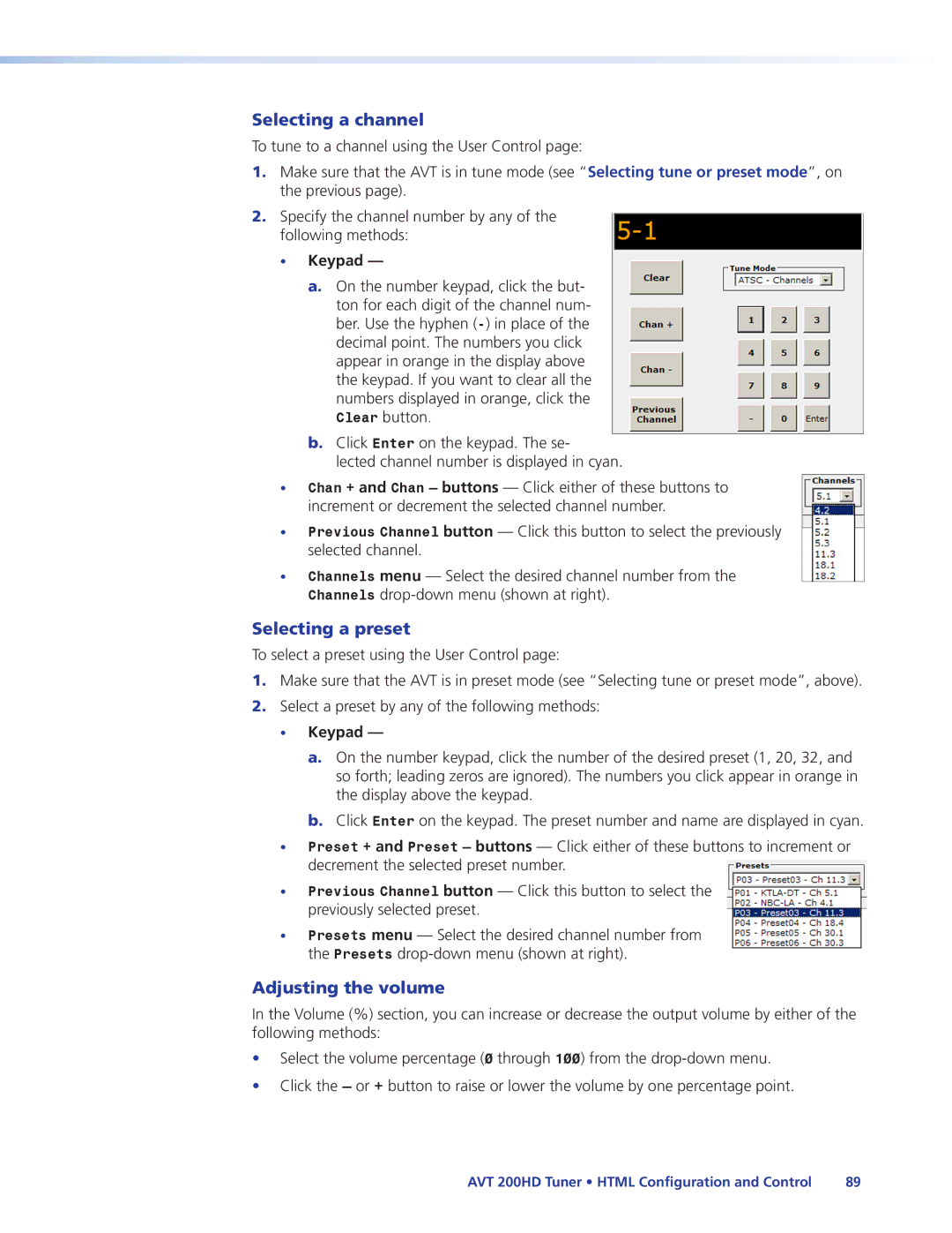 Extron electronic AVT 200HD manual Selecting a preset, Adjusting the volume, Keypad 