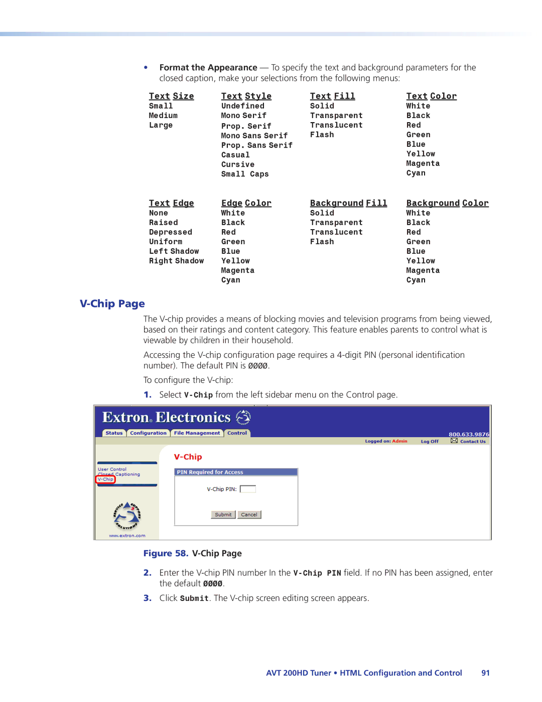 Extron electronic AVT 200HD manual Chip, Text Size Text Style Text Fill Text Color 