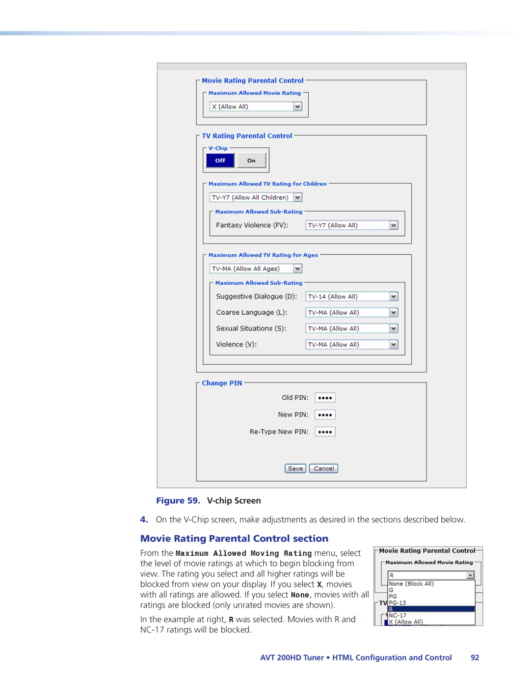 Extron electronic AVT 200HD manual Movie Rating Parental Control section, Chip Screen 