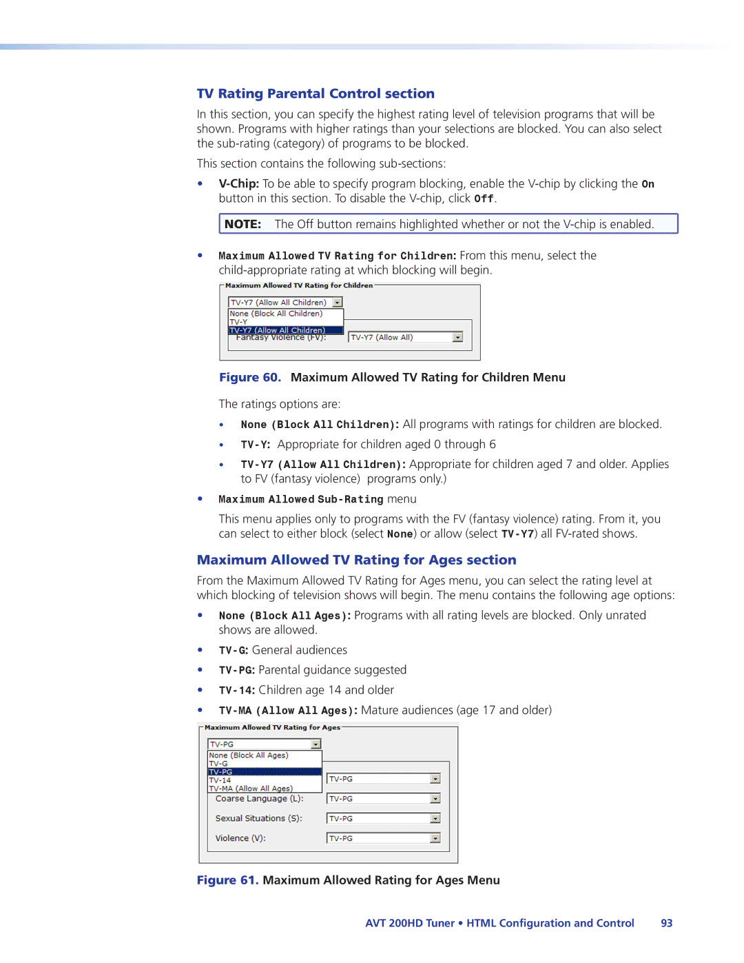 Extron electronic AVT 200HD manual TV Rating Parental Control section, Maximum Allowed TV Rating for Ages section 