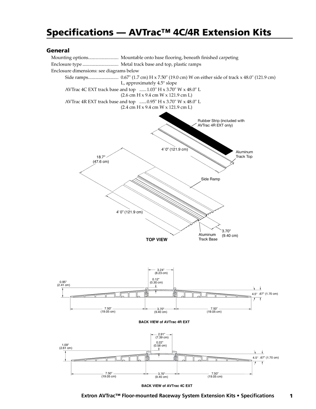 Extron electronic AVTrac 4R specifications Specifications AVTrac 4C/4R Extension Kits, General, TOP View 