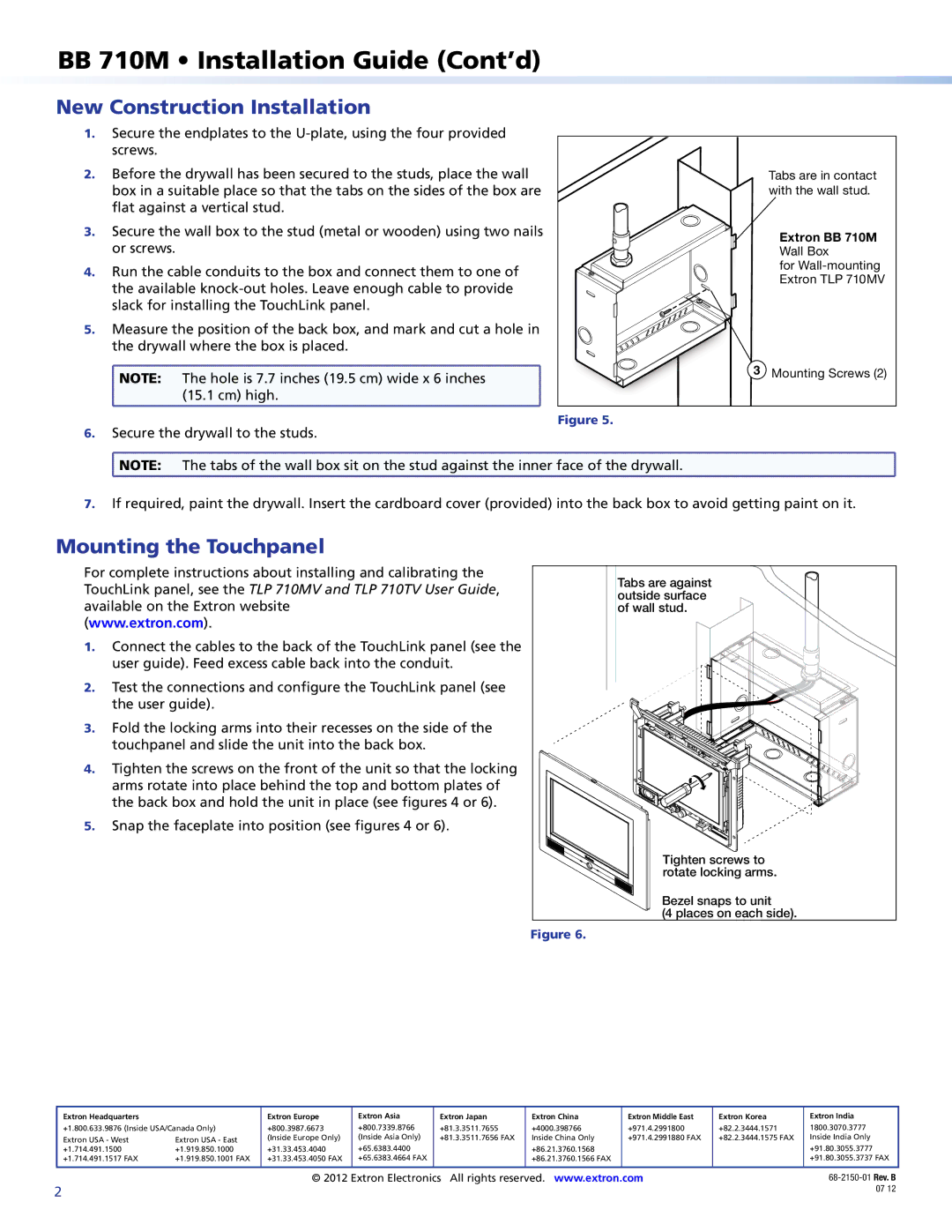 Extron electronic user manual BB 710M Installation Guide Cont’d, New Construction Installation, Mounting the Touchpanel 