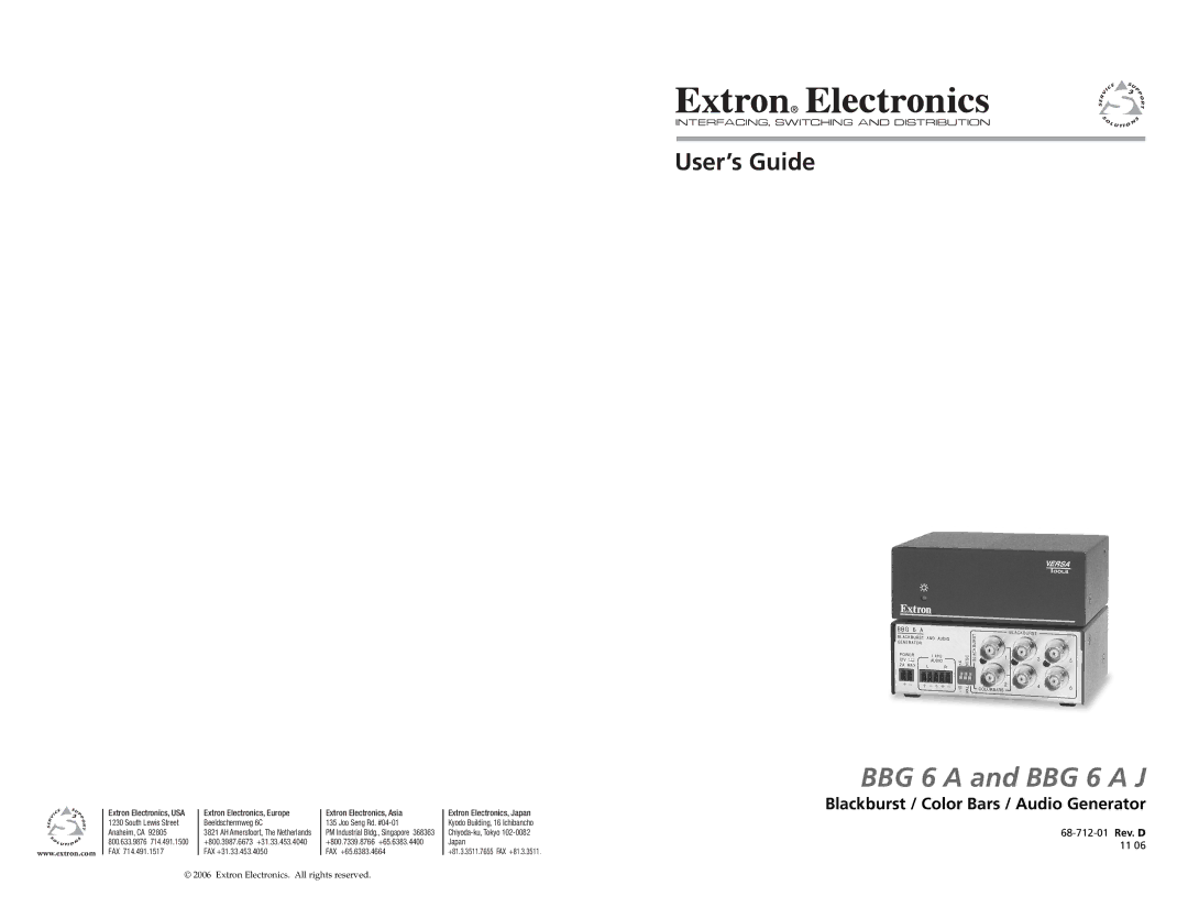 Extron electronic BBG 6 A J manual Blackburst / Color Bars / Audio Generator 