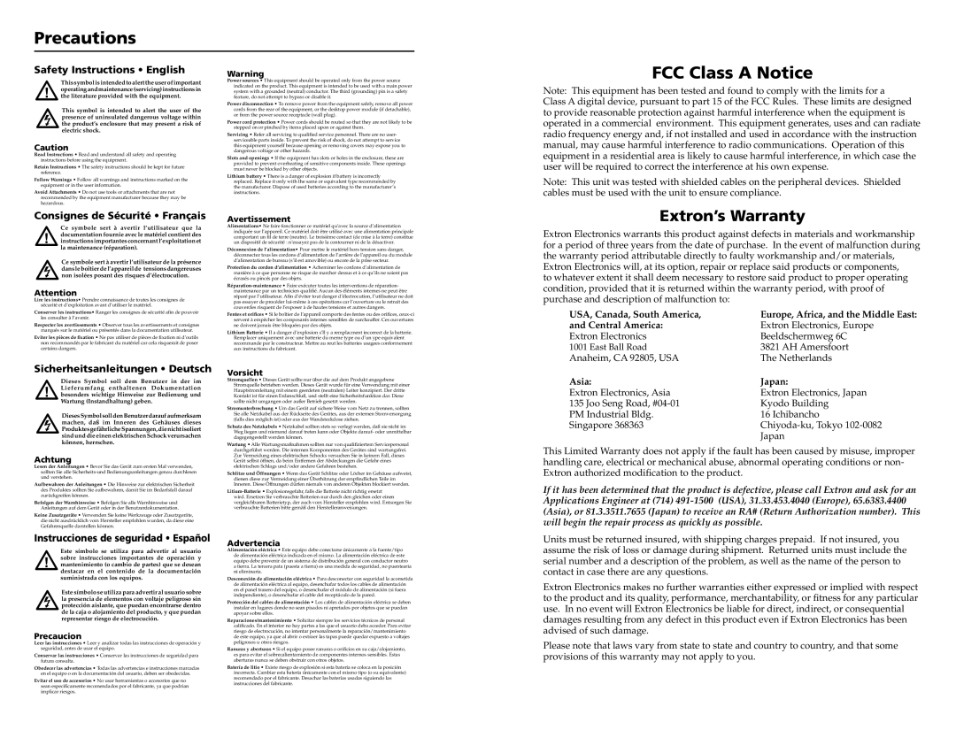 Extron electronic BBG 6 A J manual Precautions, FCC Class a Notice, Extron’s Warranty 