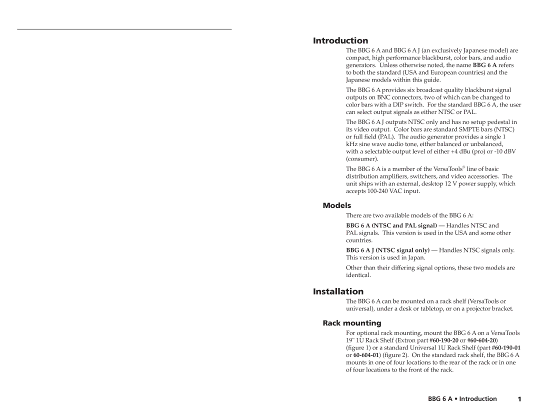 Extron electronic BBG 6 A J manual Introduction, Installation, Models, Rack mounting 