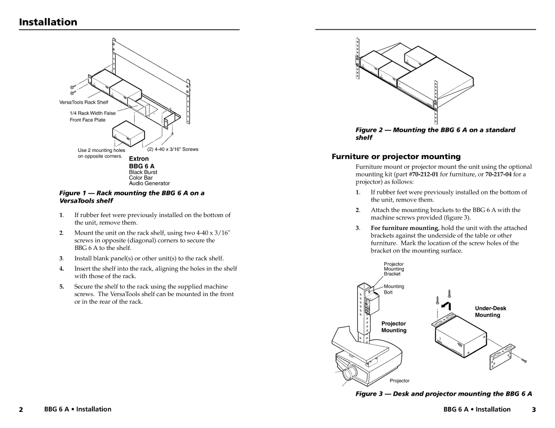 Extron electronic BBG 6 A J manual Installation, Furniture or projector mounting 