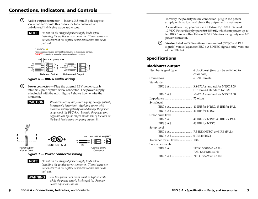 Extron electronic BBG 6 A J manual Connections, Indicators, and Controls, Specifications, Blackburst output 