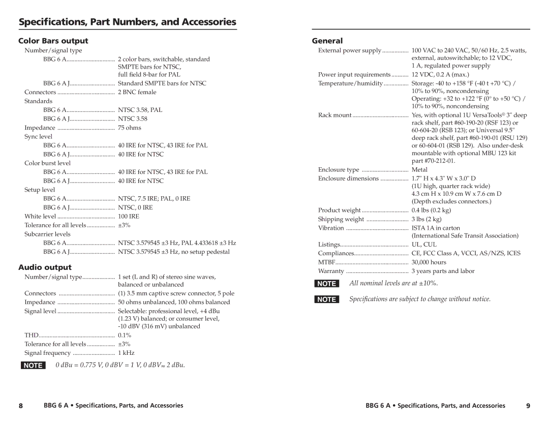 Extron electronic BBG 6 A manual Specifications, Part Numbers, and Accessories, Color Bars output, Audio output, General 