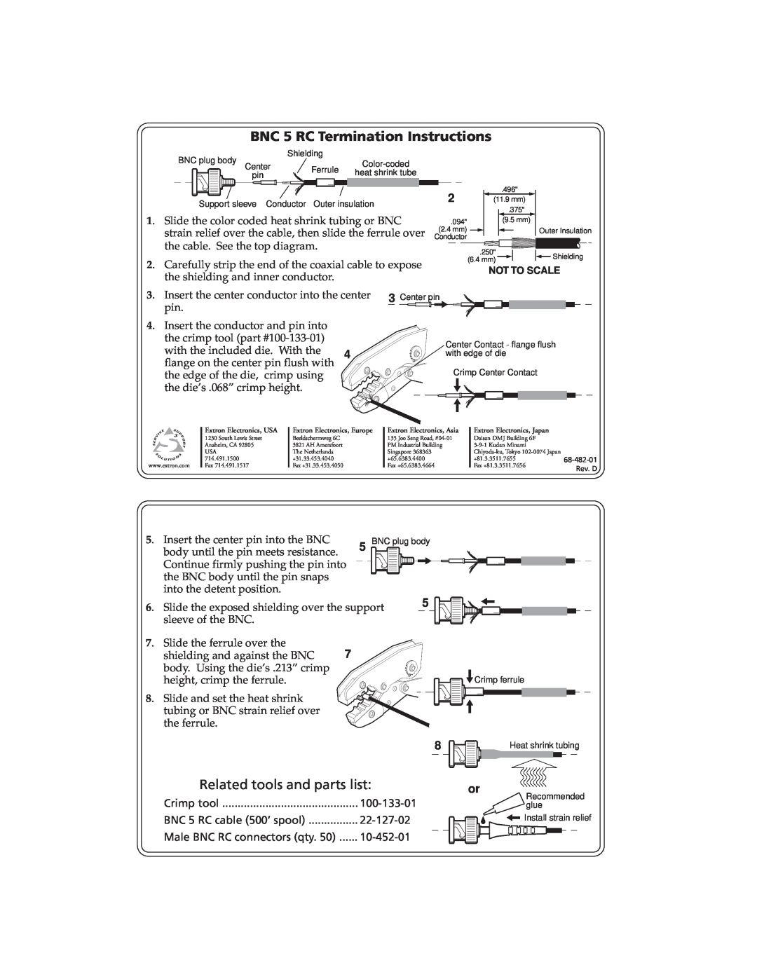 Extron electronic manual BNC 5 RC Termination Instructions, Related tools and parts list, Crimp tool, 22-127-02 