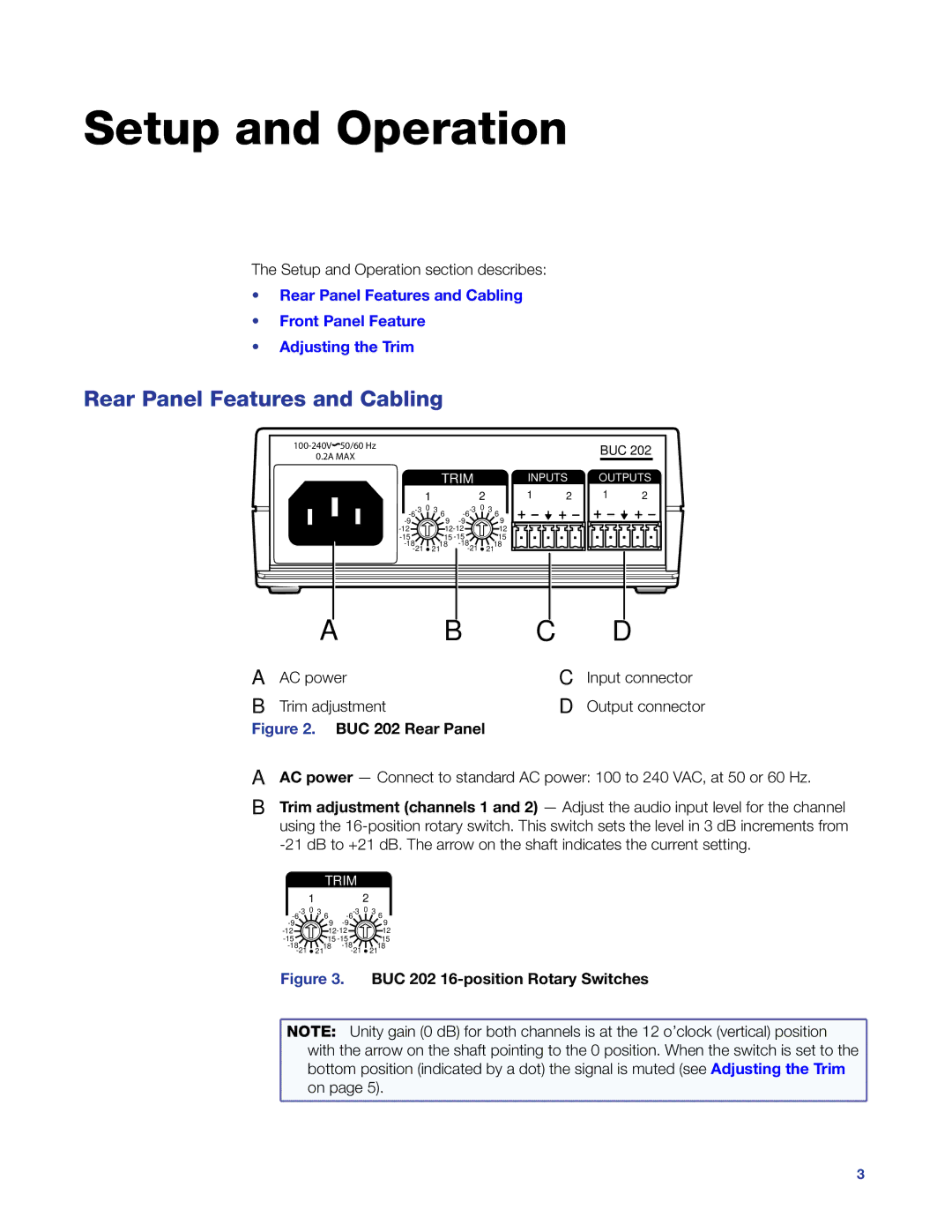 Extron electronic BUC 202 manual Setup and Operation, Rear Panel Features and Cabling 