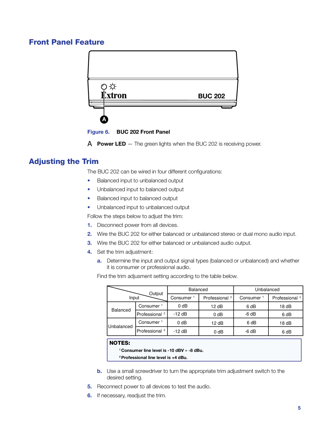 Extron electronic BUC 202 manual Front Panel Feature, Adjusting the Trim 