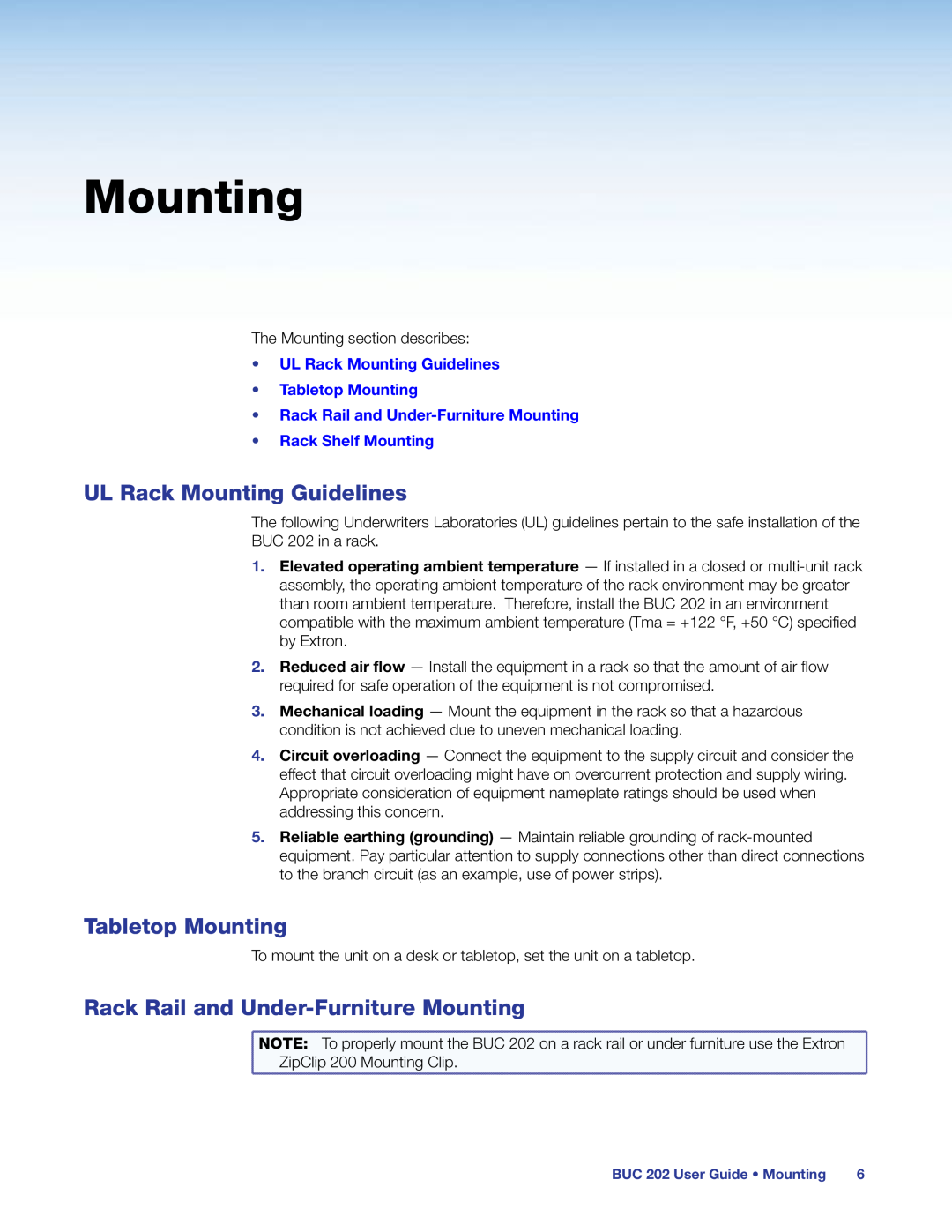 Extron electronic BUC 202 manual UL Rack Mounting Guidelines, Tabletop Mounting, Rack Rail and Under-FurnitureMounting 