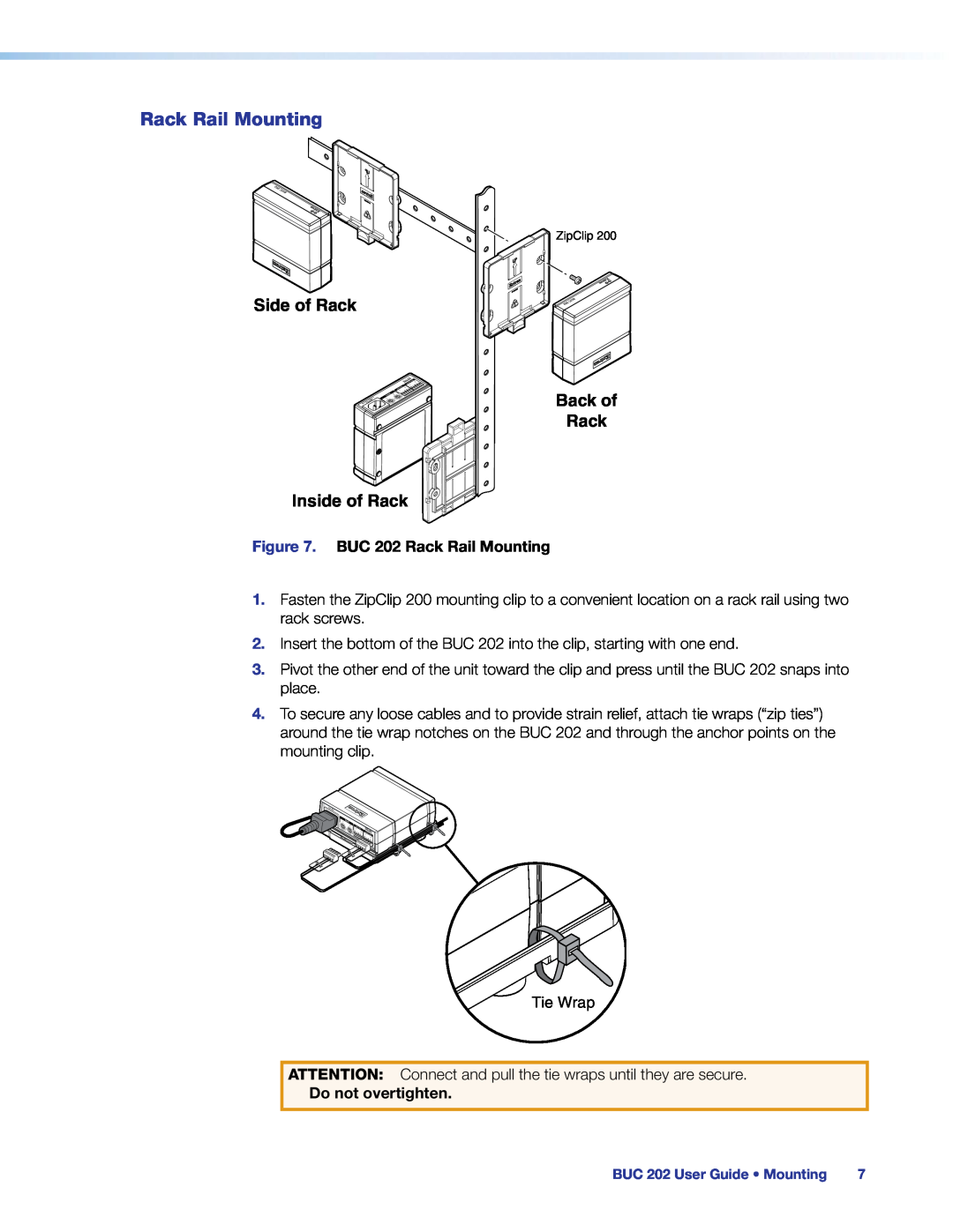 Extron electronic manual BUC 202 Rack Rail Mounting, Do not overtighten, Side of Rack Inside of Rack, Back of Rack 