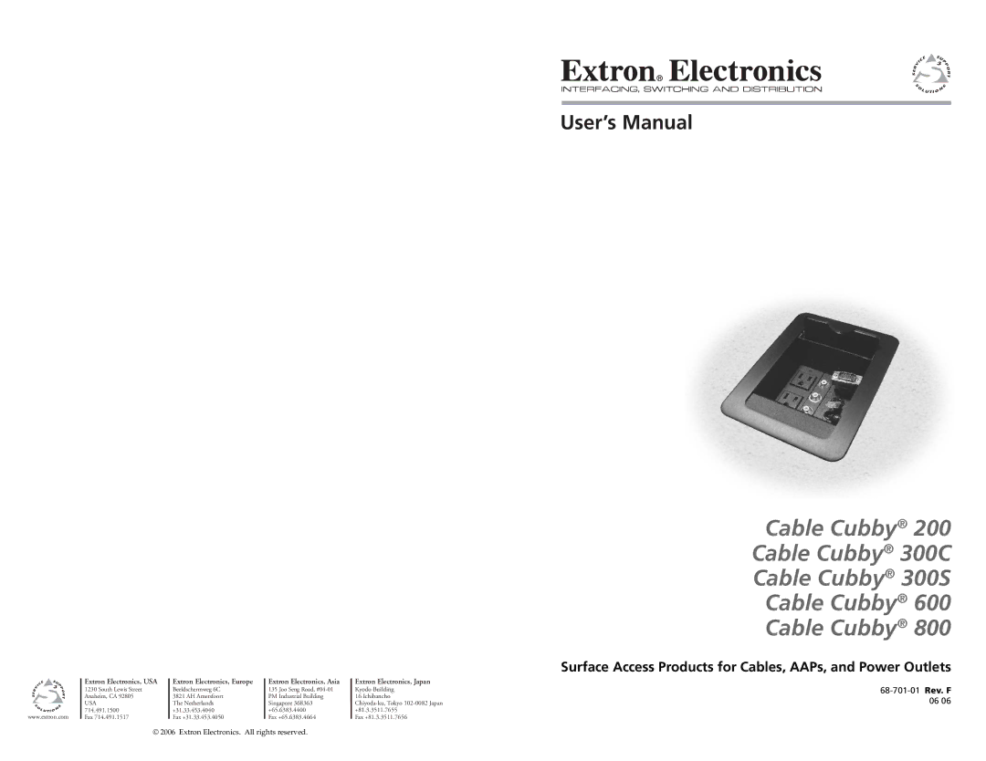 Extron electronic Cable Cubby 800, Cable Cubby 600, Cable Cubby 200, 200, 300C, 300S, 600, 800 user manual 