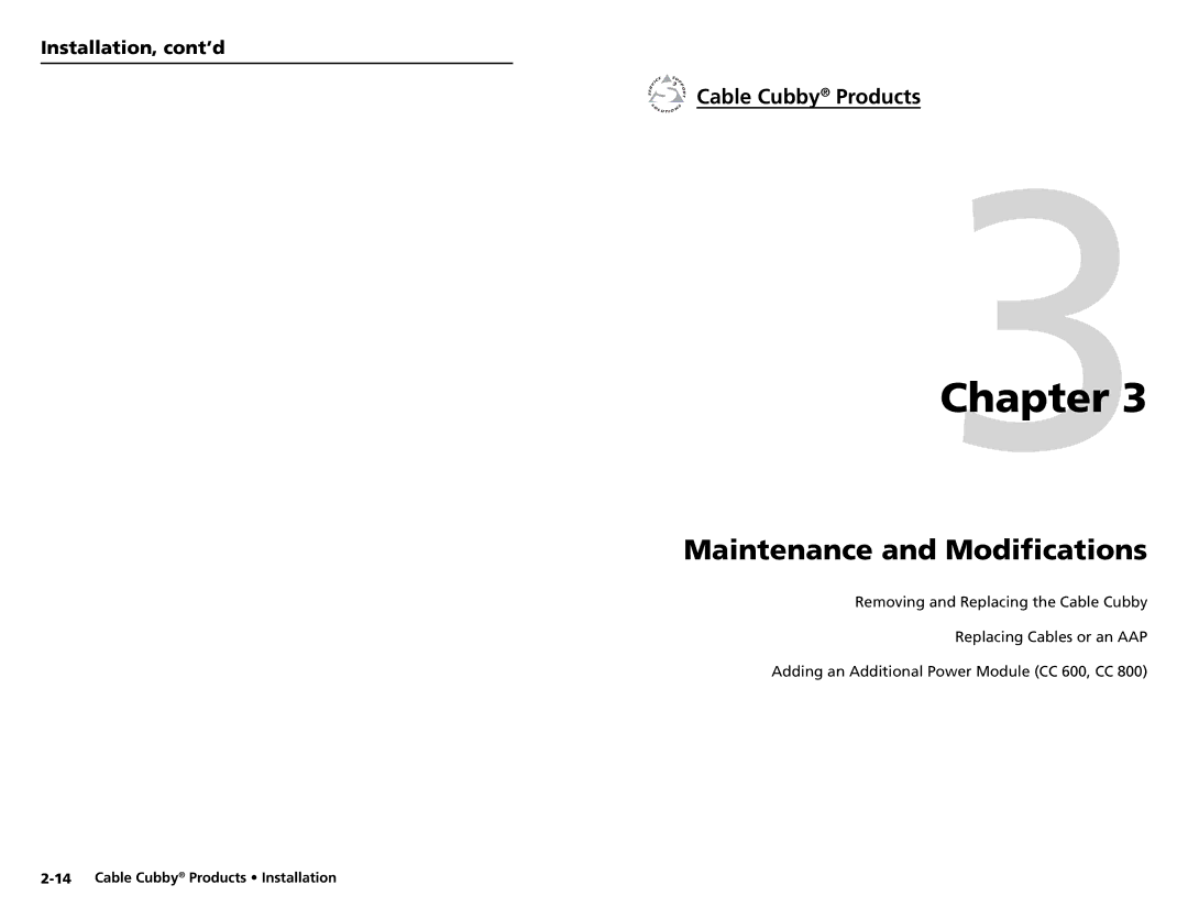 Extron electronic Cable Cubby 200, Cable Cubby 600, Cable Cubby 800 Maintenance and Modiﬁcations, Cable Cubby Products 