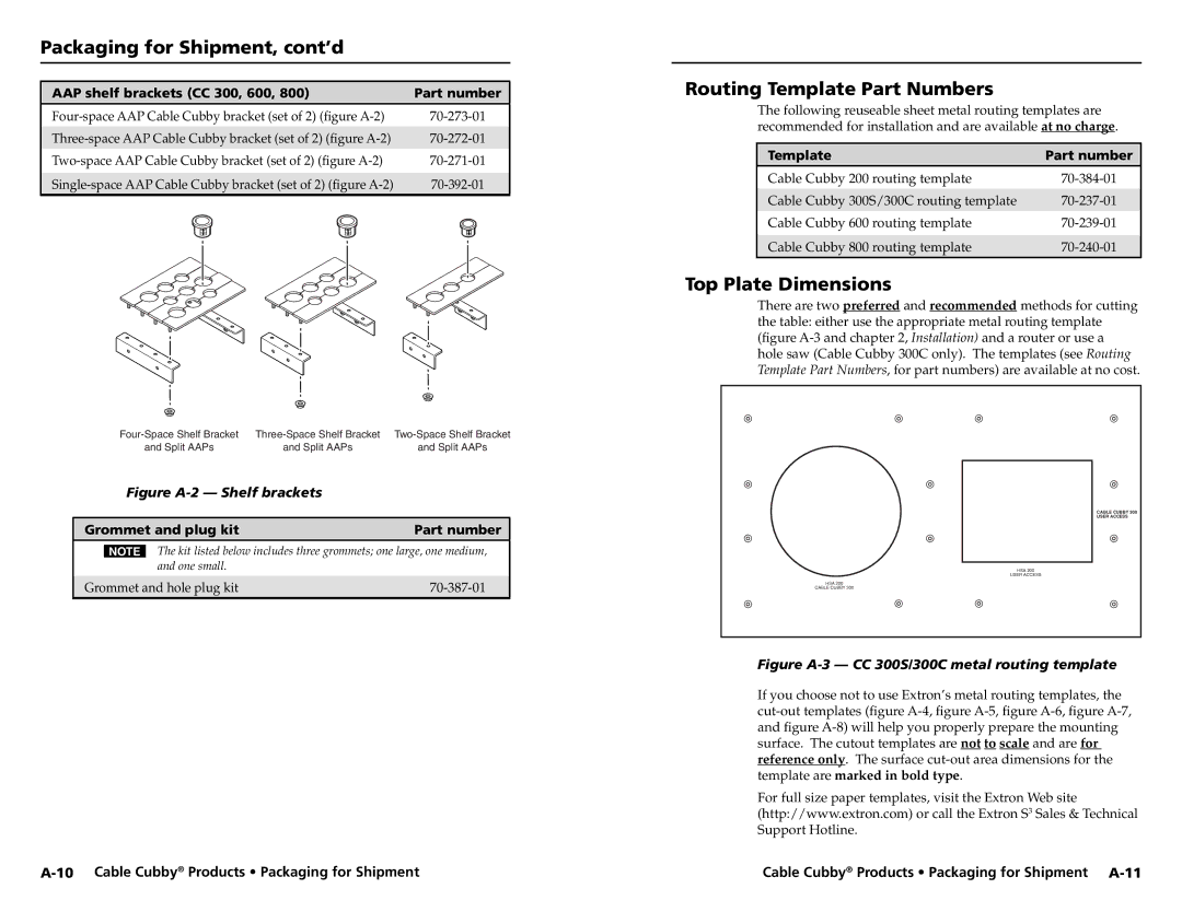 Extron electronic Cable Cubby 600, Cable Cubby 800, Cable Cubby 200 Routing Template Part Numbers, Top Plate Dimensions 