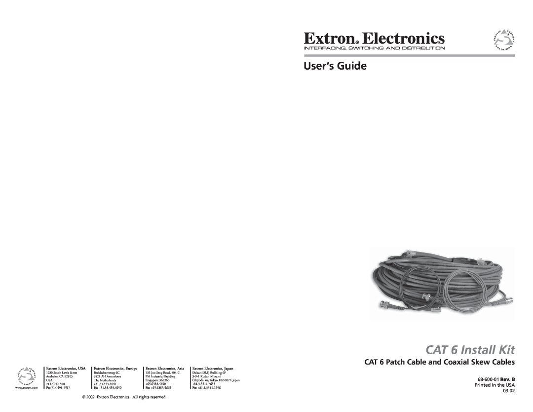 Extron electronic manual CAT 6 Patch Cable and Coaxial Skew Cables, CAT 6 Install Kit, User’s Guide, 68-600-01 Rev. B 