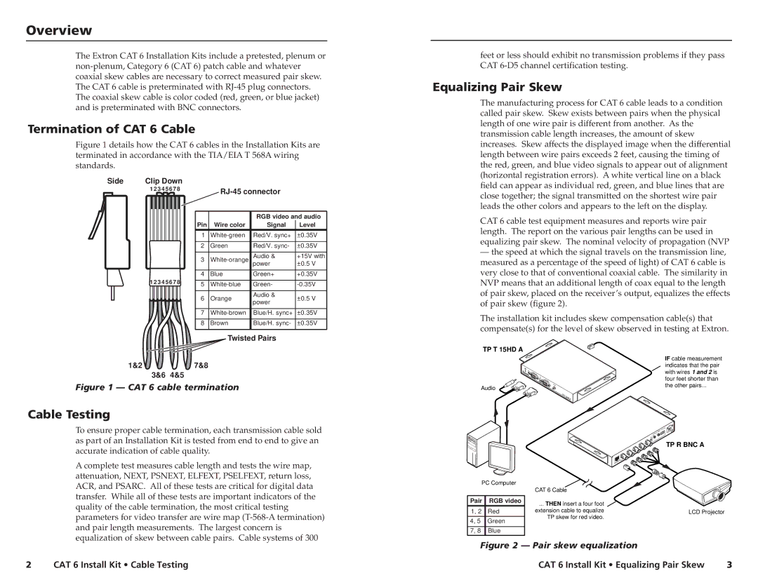 Extron electronic manual Termination of CAT 6 Cable, Equalizing Pair Skew, Cable Testing, Pin Wire color Signal Level 