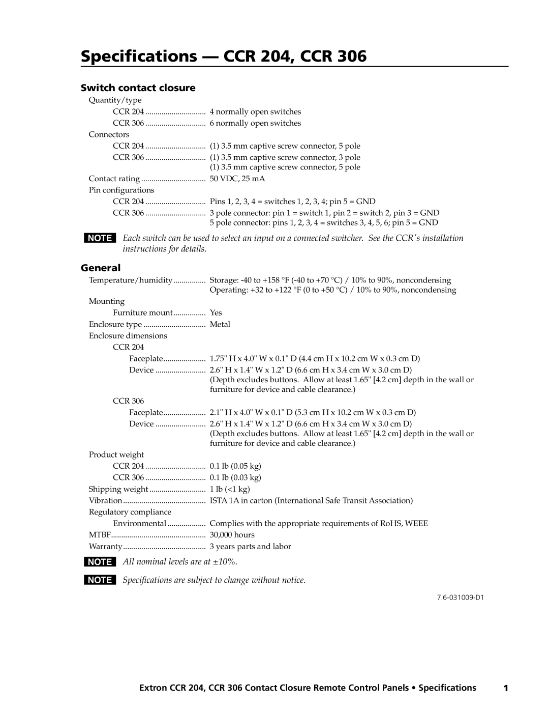 Extron electronic CCR 306 specifications Specifications CCR 204, CCR, Switch contact closure, General 