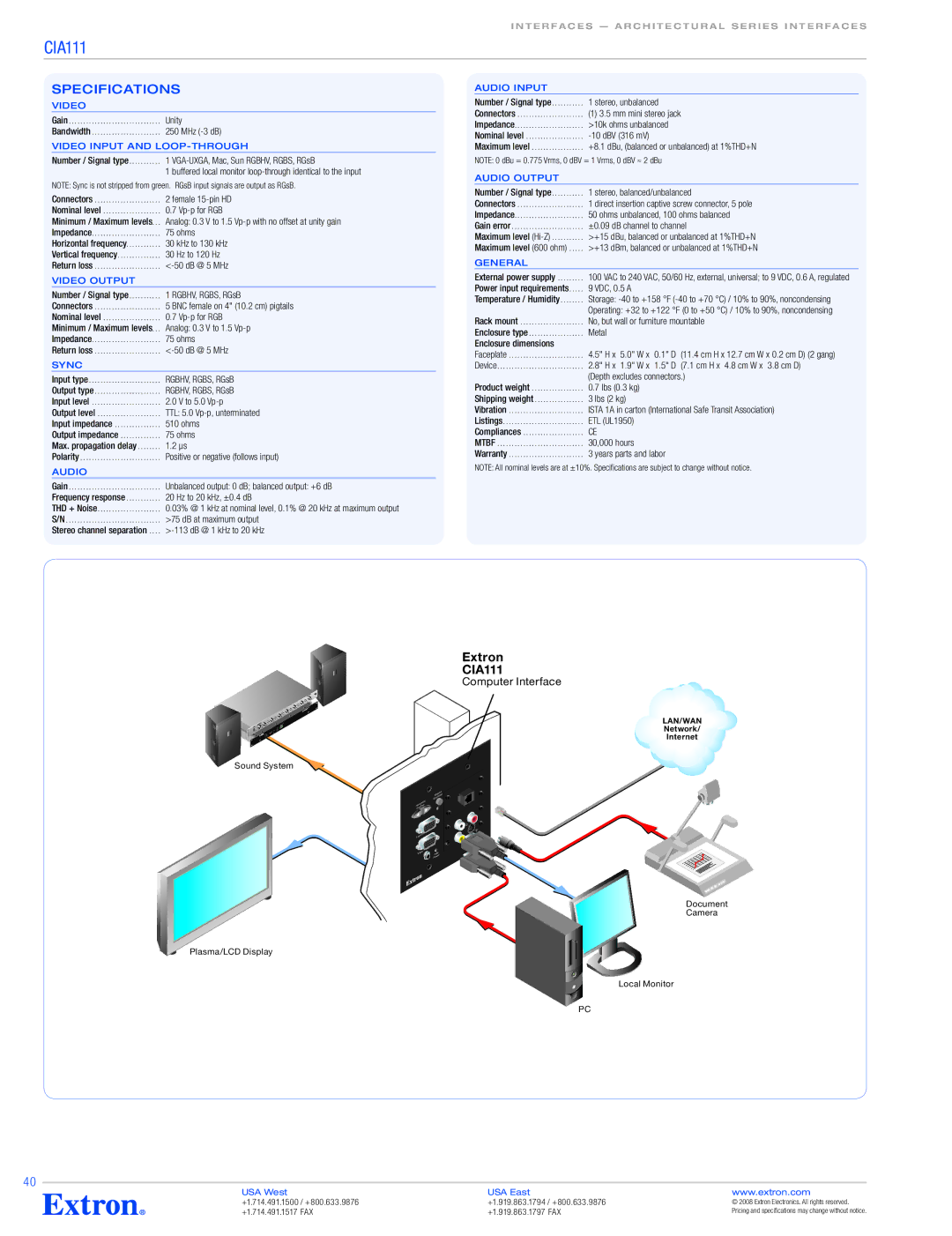 Extron electronic CIA111 Video input and loop-through, Video output, Sync, Audio input, Audio output, General 