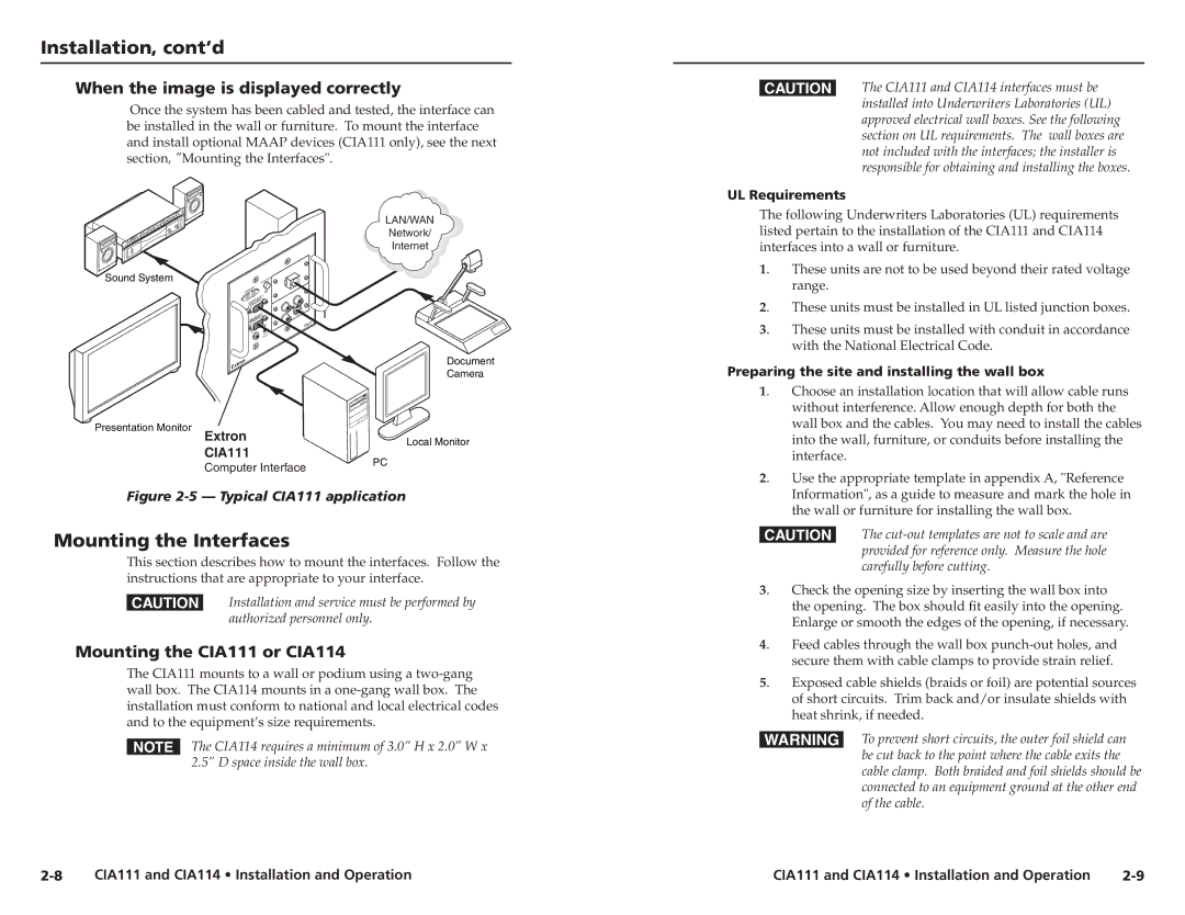 Extron electronic Mounting the Interfaces, When the image is displayed correctly, Mounting the CIA111 or CIA114 