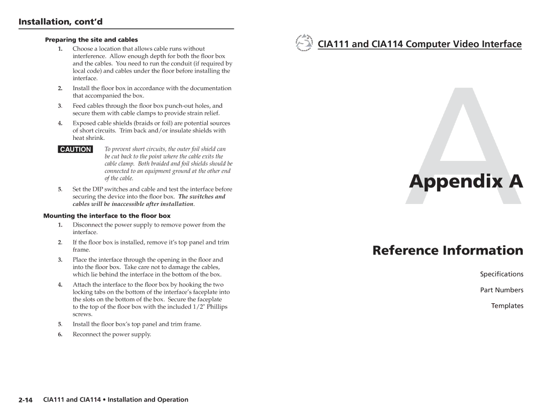 Extron electronic CIA111, CIA114F5 user manual Preparing the site and cables, Mounting the interface to the floor box 